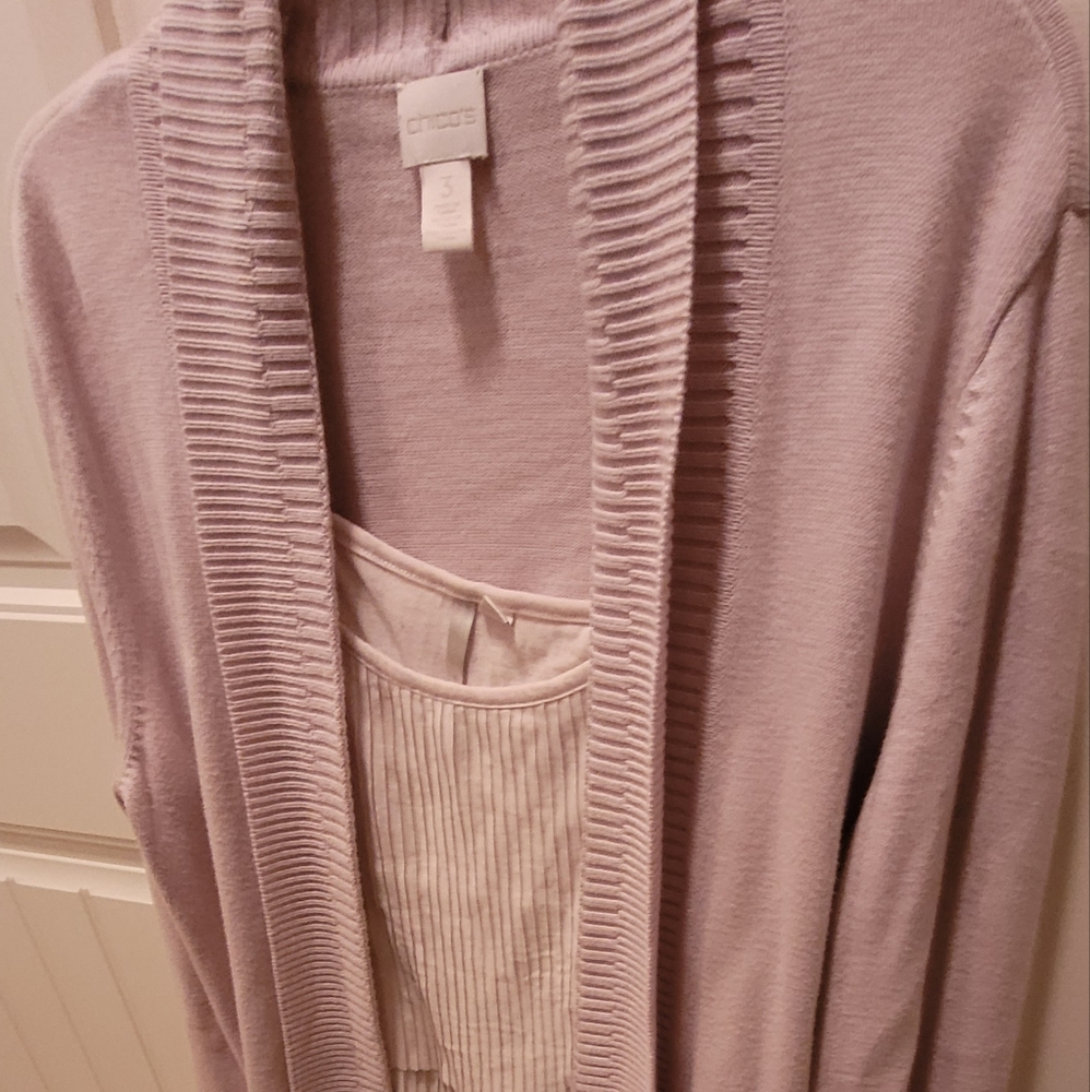 Pale pink cardigan sweater and camisole mix and match with black skirt or jeans.